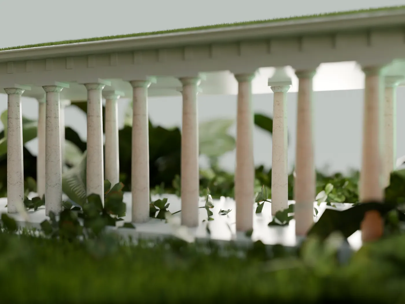 A colunata em miniatura entre o musgo