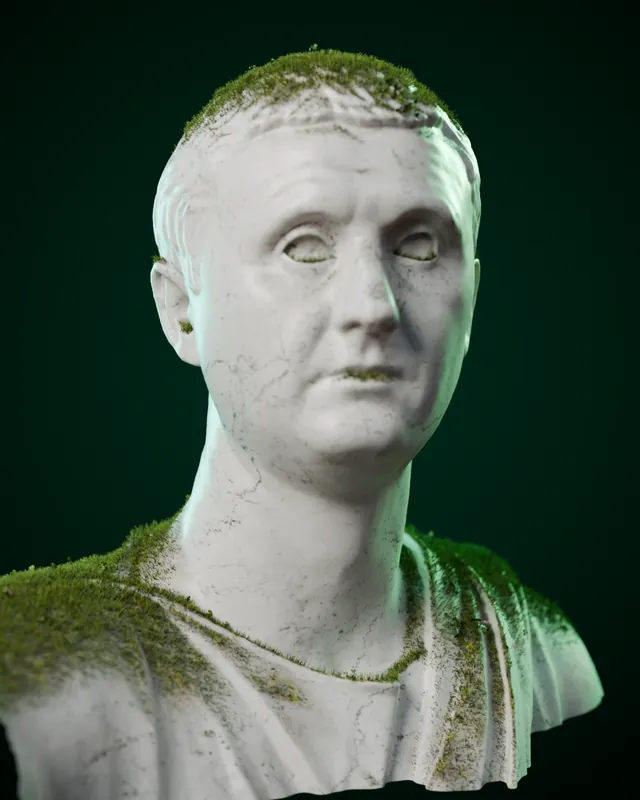 O Orador em mármore, de toga, com musgo nos ombros