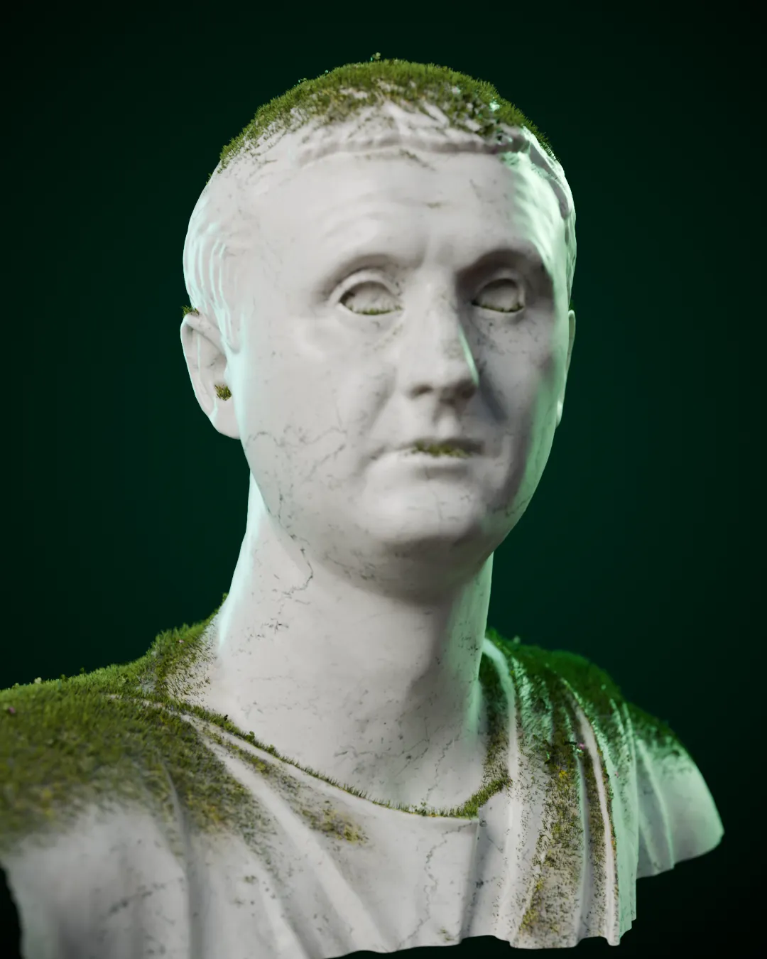 O Orador em mármore, de toga, com musgo nos ombros