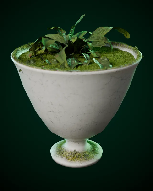 Cratera de mármore com musgo e plantas crescendo por dentro